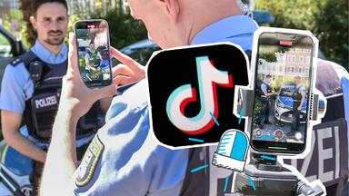 Polizisten filmen mit Handy, Grafik von TikTok und von Blaulicht.