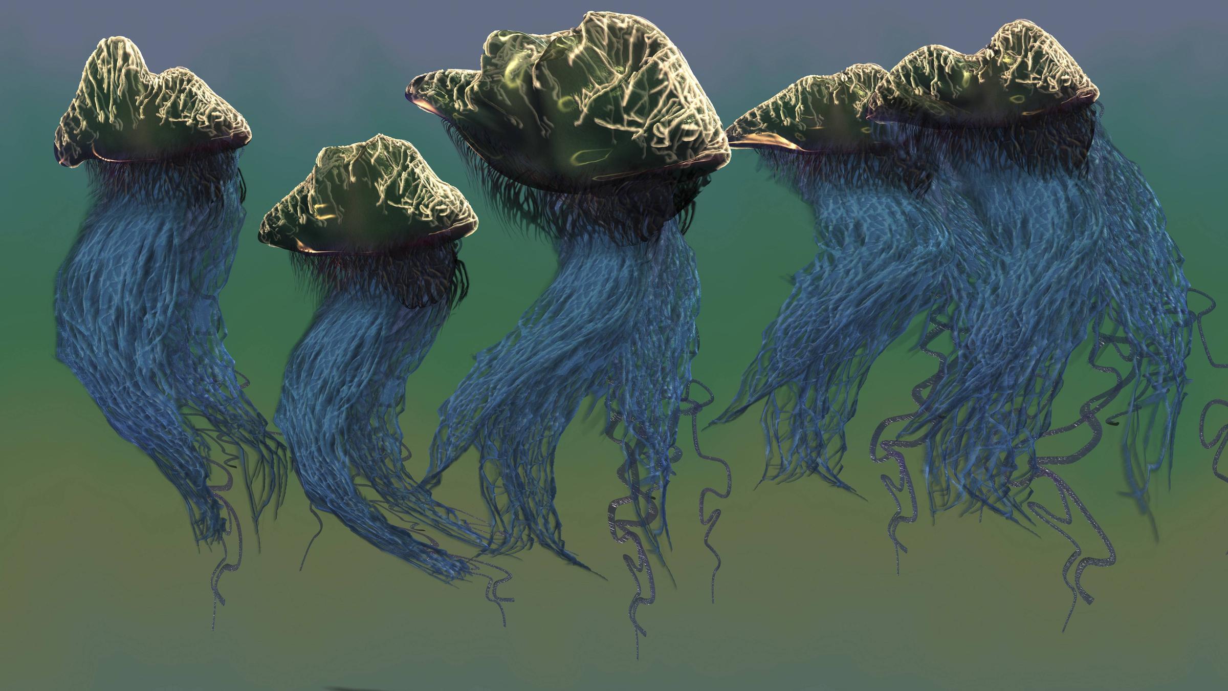 Fünf quallenartige Wesen mit grünlichem Körper und langen, dichten, weißen Tentakeln treiben im grünschimmernden Wasser. 