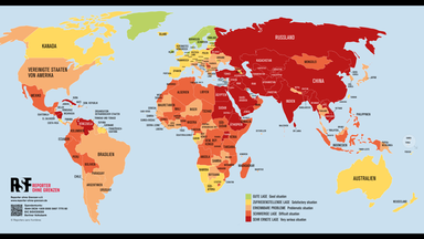 Eine Karte mit eingefärbten Ländern, wie es um die Pressefreiheit weltweit steht.