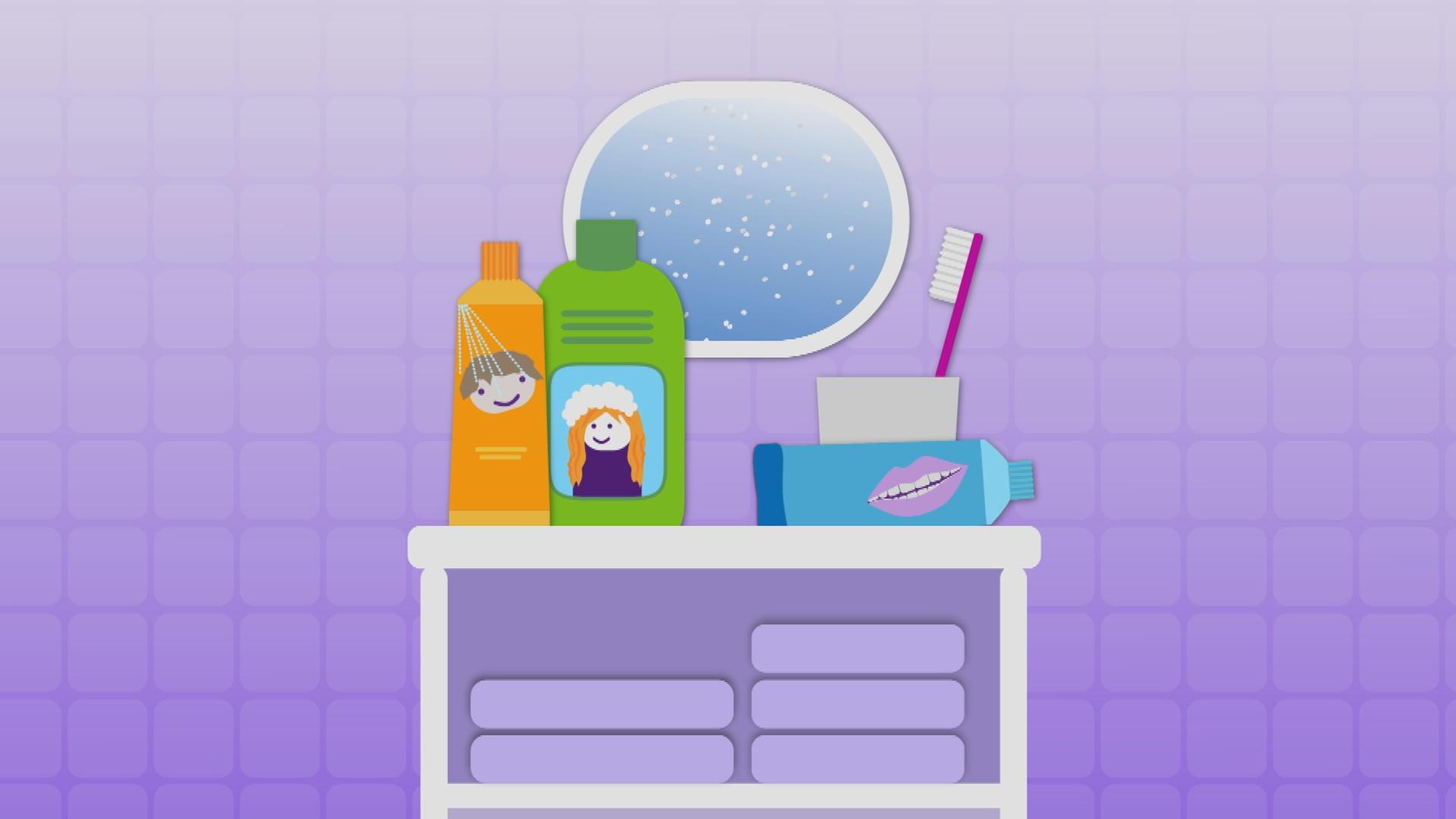Ein Shampoo, eine Spülung, eine Zahnpasta und eine Zahnbürste 