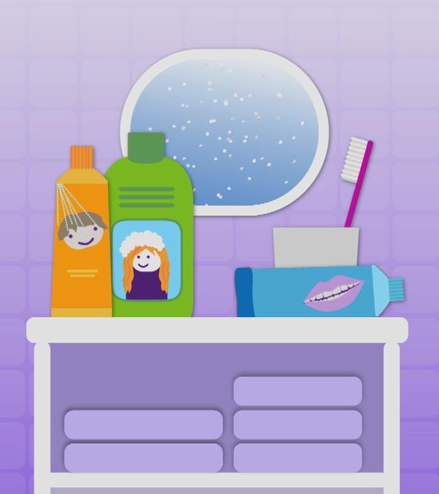 Ein Shampoo, eine Spülung, eine Zahnpasta und eine Zahnbürste 