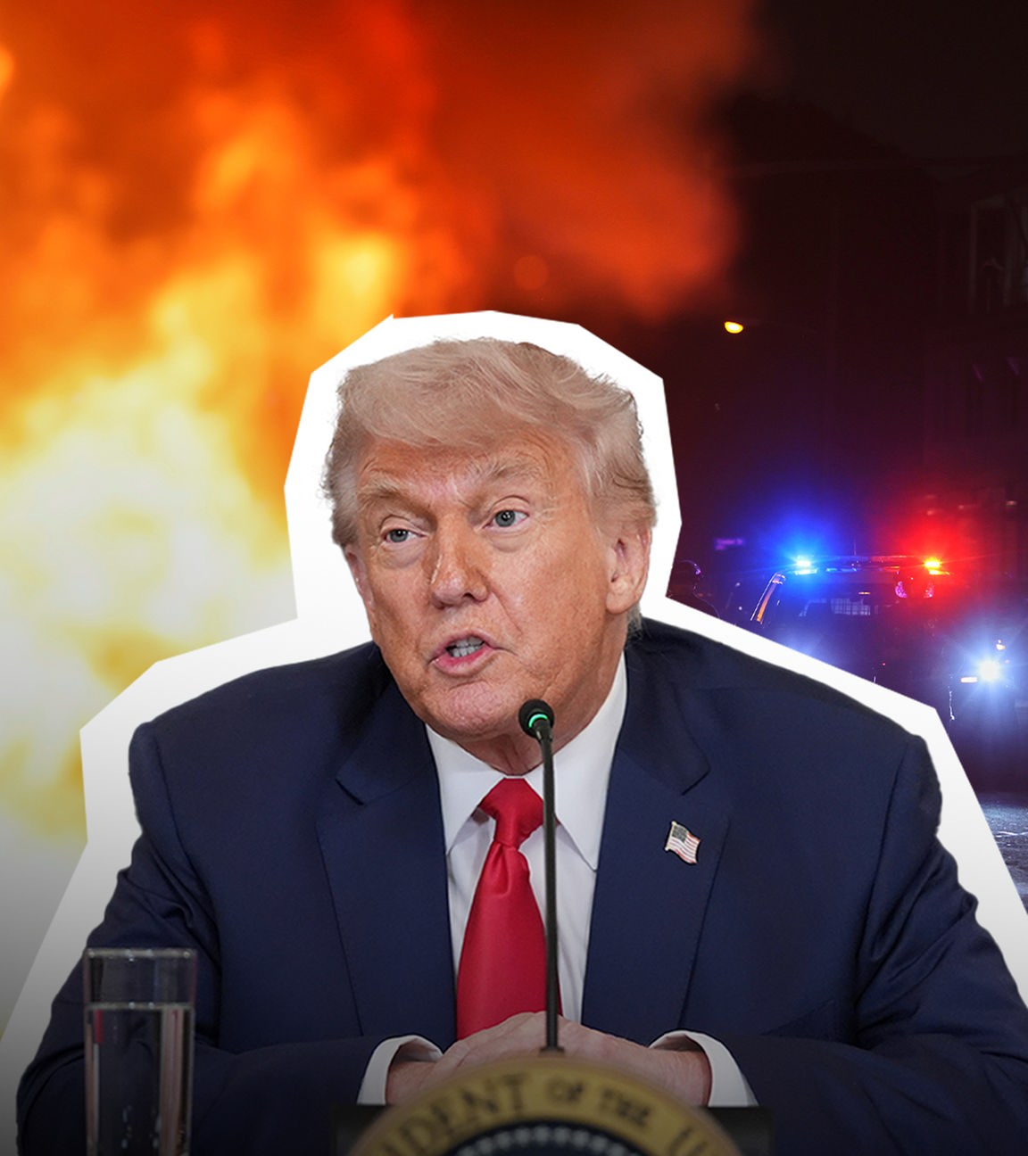 Collage: Cutout Donald Trump vor Feuern auf der Straße nachts, daneben Protestierende, die Schilder hochhalten