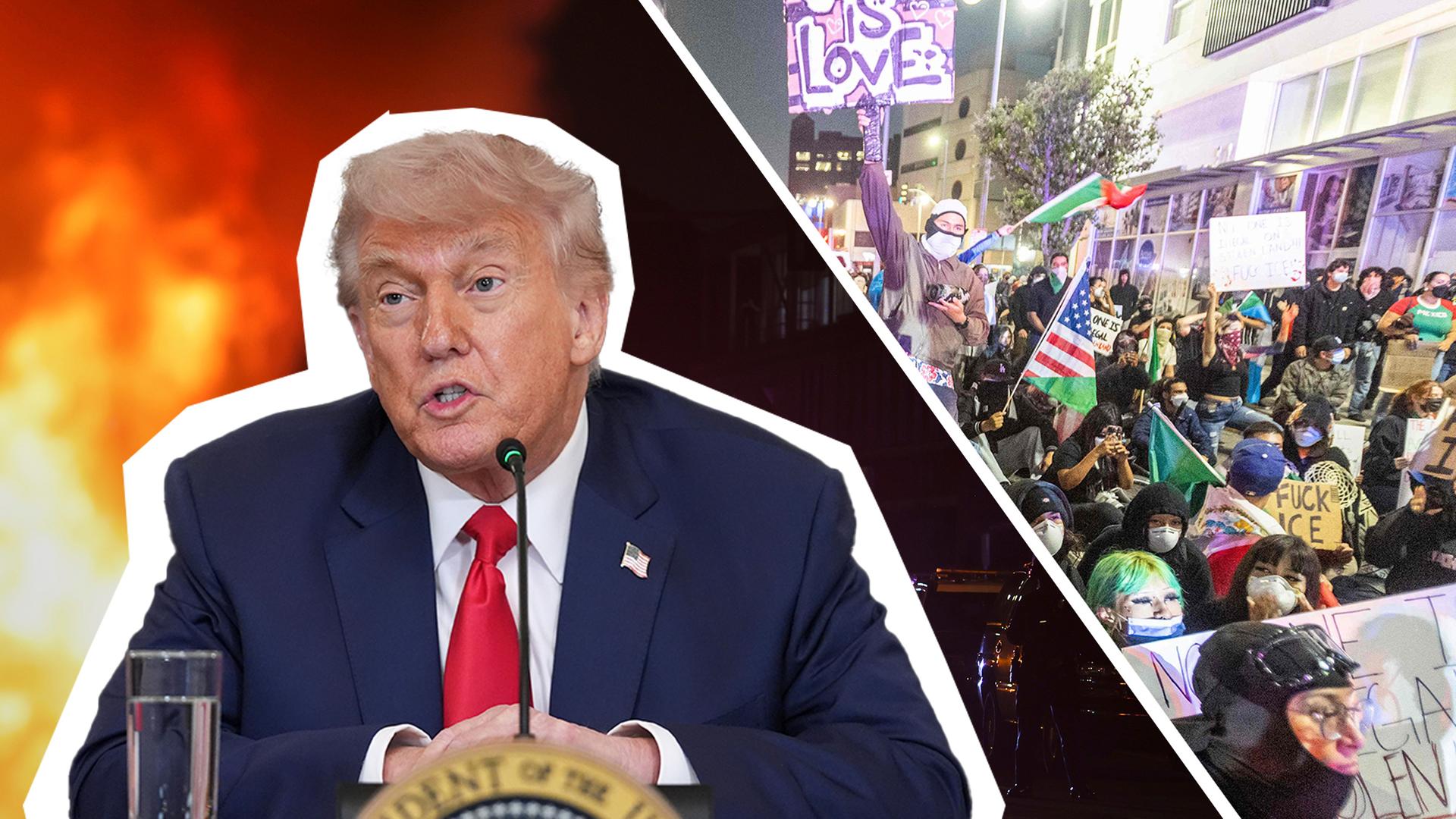 Collage: Cutout Donald Trump vor Feuern auf der Straße nachts, daneben Protestierende, die Schilder hochhalten