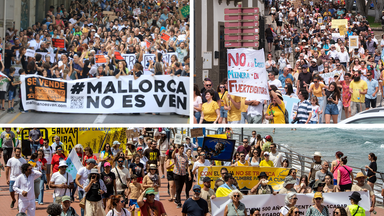 Splitscreen: Menschen gehen an unterschiedlichen Orten in Spanien auf die Straße, um zu protestieren
