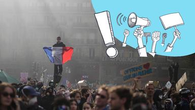 Collage: Viele Menschen auf einem Proteste, darüber in der Ecke ein blauer Kreis, darüber ein Ausrufezeichen und gezeichnete protestierende Hände.