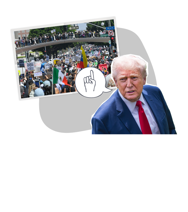 Bildcollage: Trump ausgeschnitten mit Sprechblase, darin Zeigefinger nach oben - daneben: Protestfoto