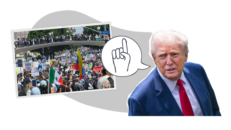 Bildcollage: Trump ausgeschnitten mit Sprechblase, darin Zeigefinger nach oben - daneben: Protestfoto