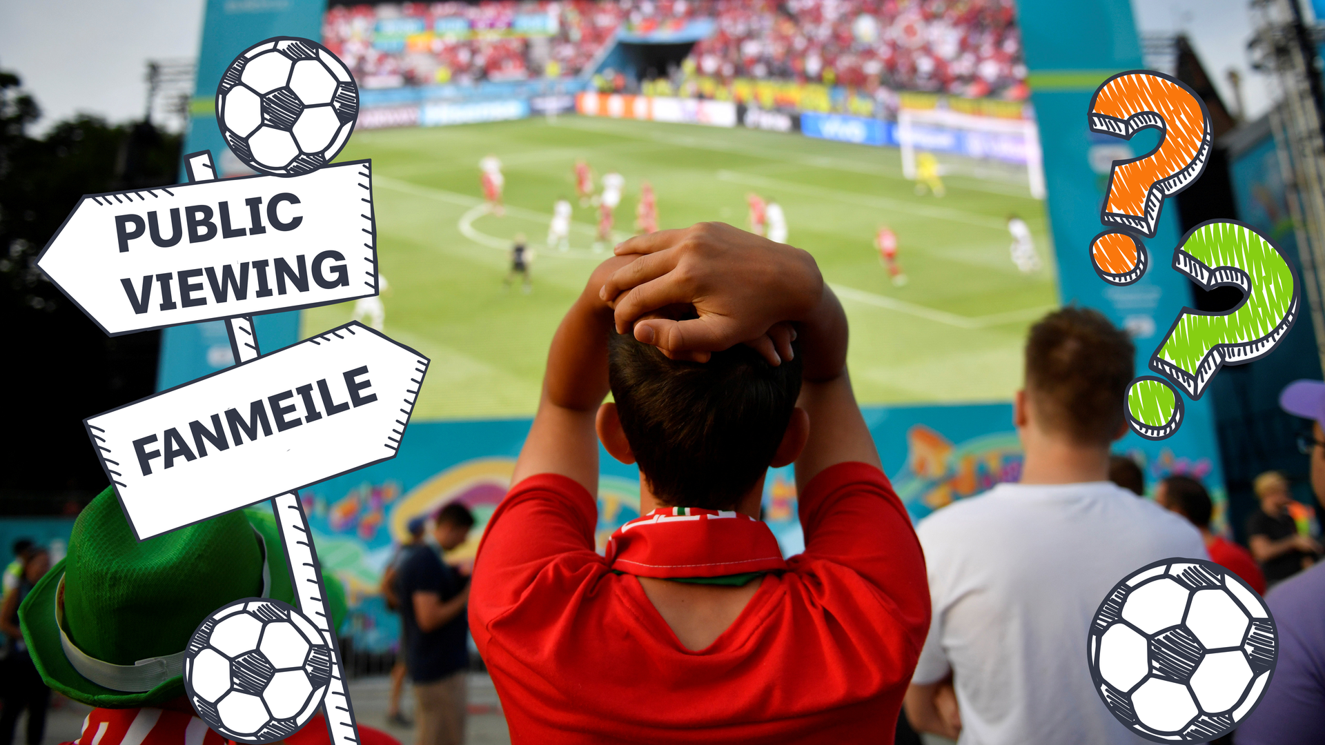 Ein Junge beim Public Viewing, ein Wegweiser mit Public Viewing und Fanmeile, Fußbälle und Fragezeichen