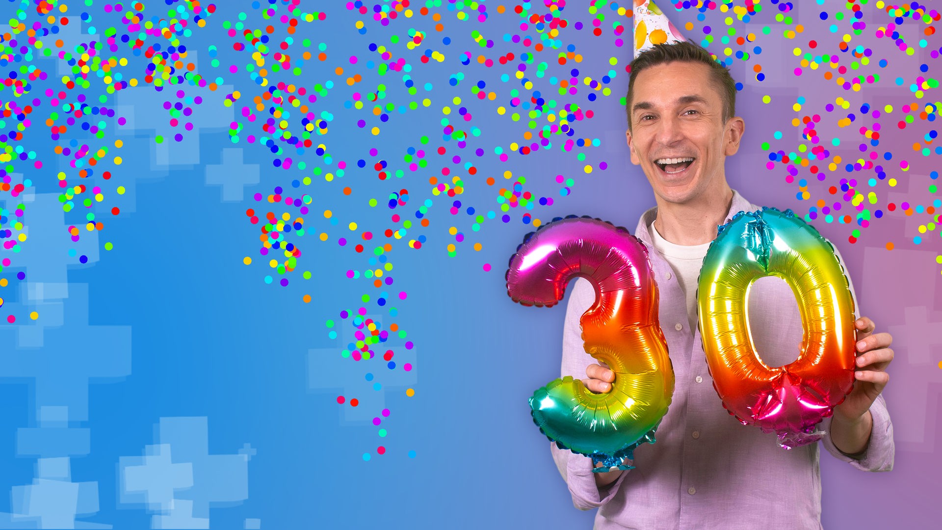 Eric mit Geburtstagshütchen, in der Hand hält er eine bunte 30. Hinter ihm fliegt Konfetti.
