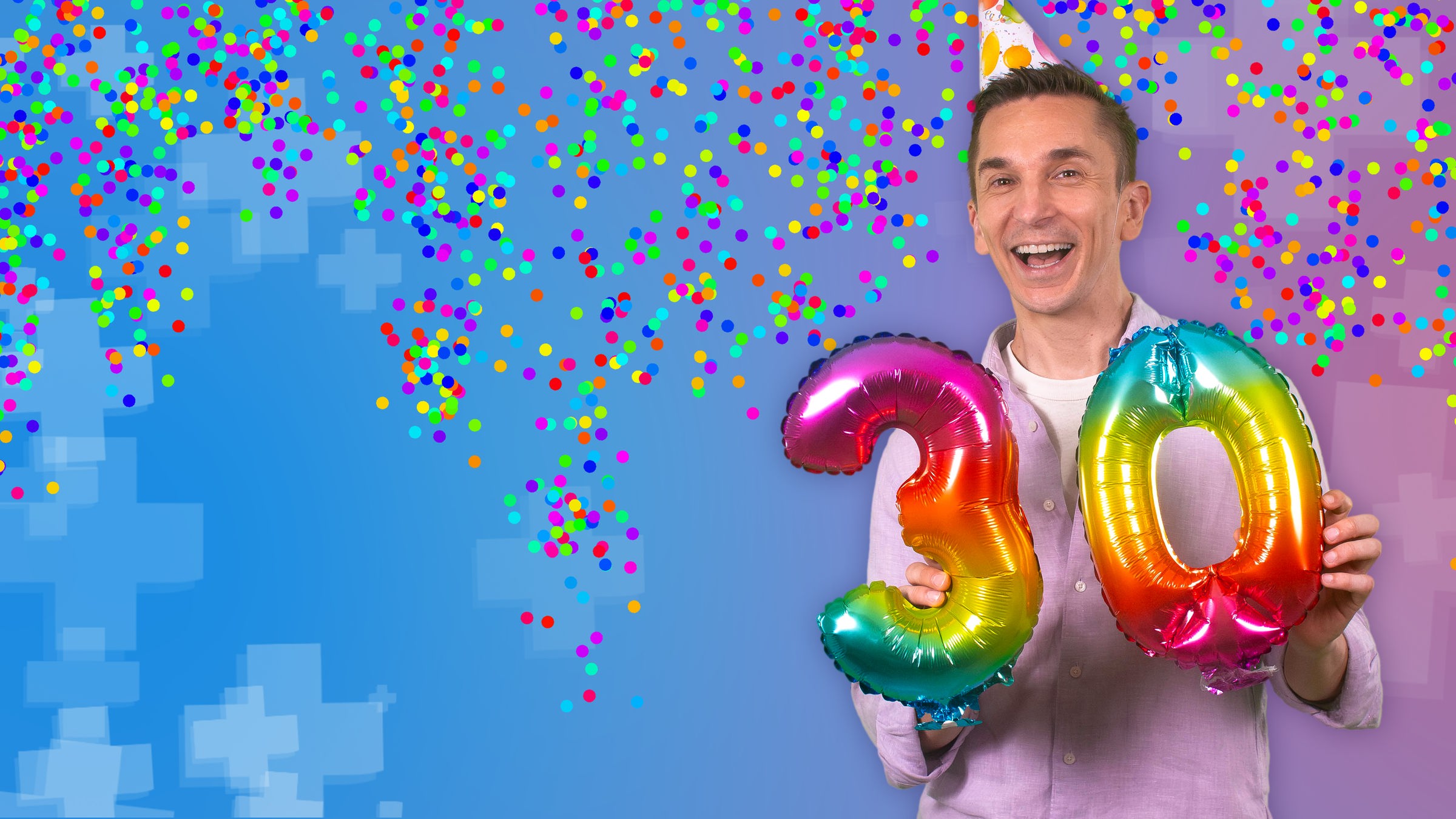 Eric mit Geburtstagshütchen, in der Hand hält er eine bunte 30. Hinter ihm fliegt Konfetti.