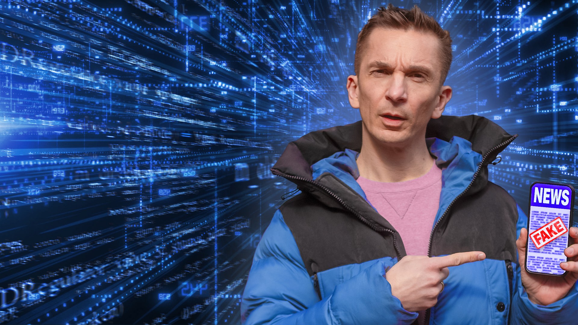 Eric trägt eine blaue Daunenjacke und darunter einen rosafarbenen Pulli. Er hält ein Smartphone in seiner linken Hand. Auf dem Display sieht man das Wort "News" und darüber ist ein roter Fake-Stempel.