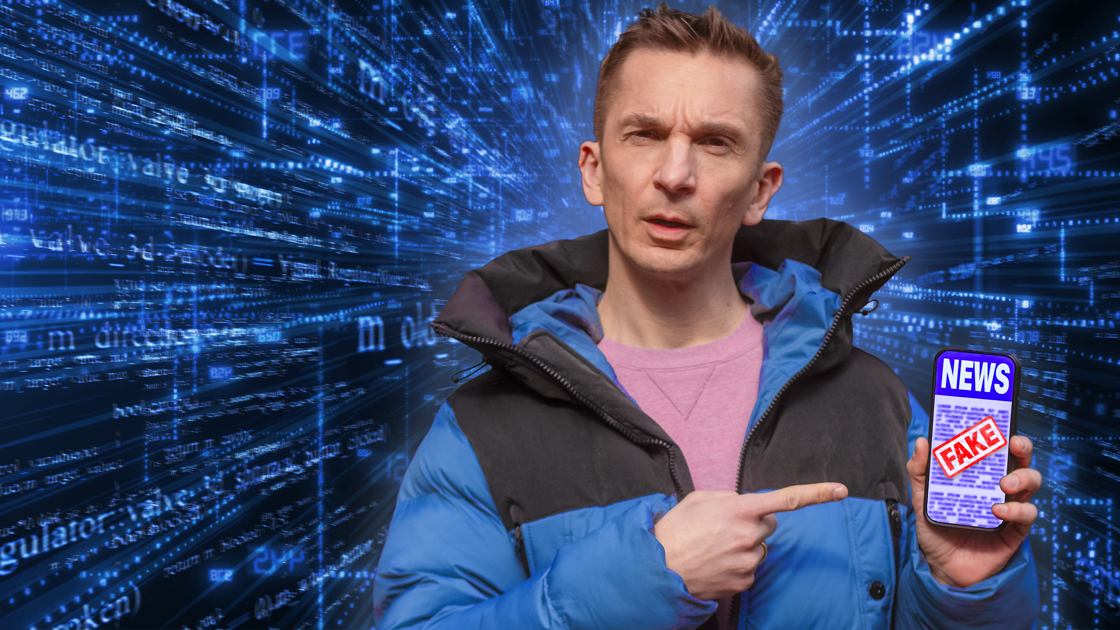 Eric trägt eine blaue Daunenjacke und darunter einen rosafarbenen Pulli. Er hält ein Smartphone in seiner linken Hand. Auf dem Display sieht man das Wort "News" und darüber ist ein roter Fake-Stempel.