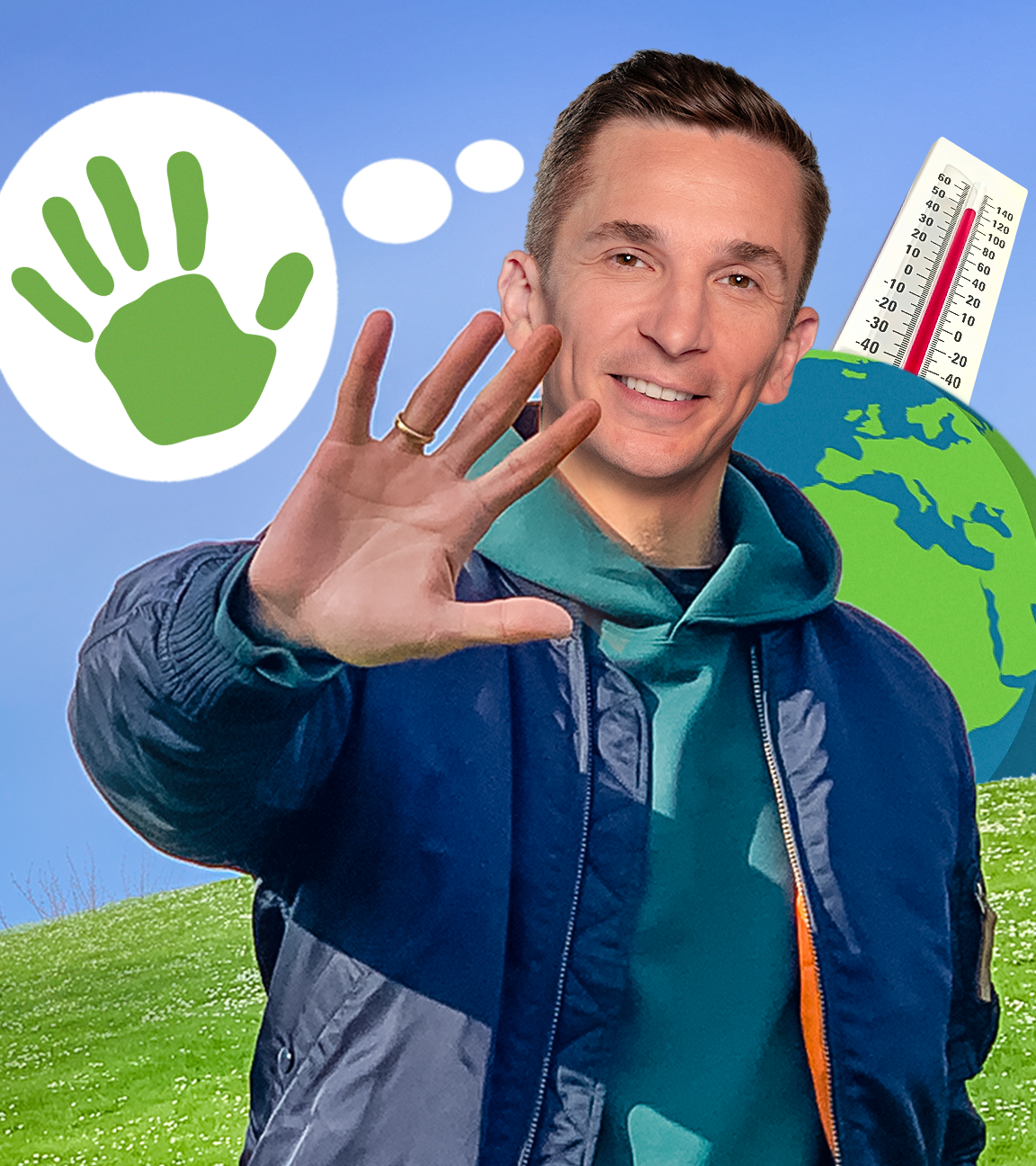 Moderator Eric Mayer steht auf einer Wiese. Mit ausgestrecktem rechten Arm hält er seine Handinnenfläche mit gespreizten Fingern in die Kamera. Links neben seinem Kopf zeigt eine grafische Denkblase eine grüne Hand. Rechts neben ihm im Hintergrund ist eine grafische Erdkugel zu sehen mit einem Fieberthermometer mit hohem Ausschlag.