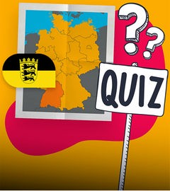 Grafik: Deutschlandkarte mit eingefärbten Baden-Württemberg und Flagge Ba-Wü, daneben Schild mit Aufschrift "Quiz" und Fragezeichen