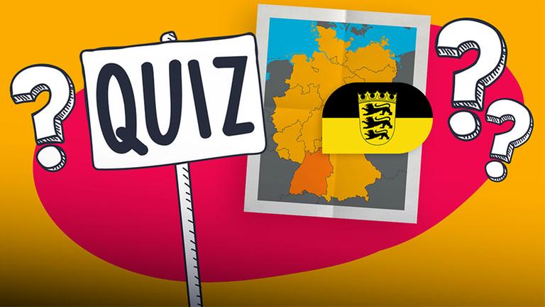 Grafik: Deutschlandkarte mit eingefärbten Baden-Württemberg und Flagge Ba-Wü, daneben Schild mit Aufschrift "Quiz" und Fragezeichen
