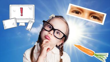 Bildcollage: Mädchen mit Brille steht vor Sonne, daneben cutout Auge und Doodles von Bildschirmen