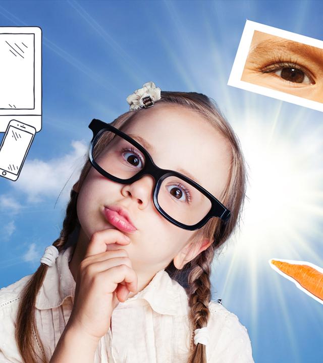 Bildcollage: Mädchen mit Brille steht vor Sonne, daneben cutout Auge und Doodles von Bildschirmen