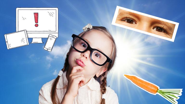 Bildcollage: Mädchen mit Brille steht vor Sonne, daneben cutout Auge und Doodles von Bildschirmen