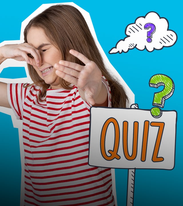Grafik: Kind hält sich Nase dazu, daneben grafische Stinkewolke und Schild mit Aufschrift "Quiz", daneben bunte Fragezeichen