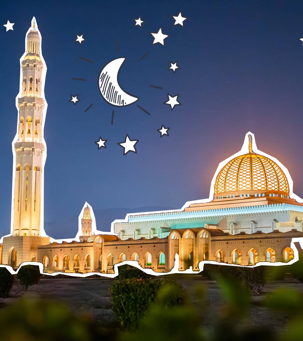 Über einer hell beleuchteten Moschee leuchten weiße Sterne im Nachthimmel.