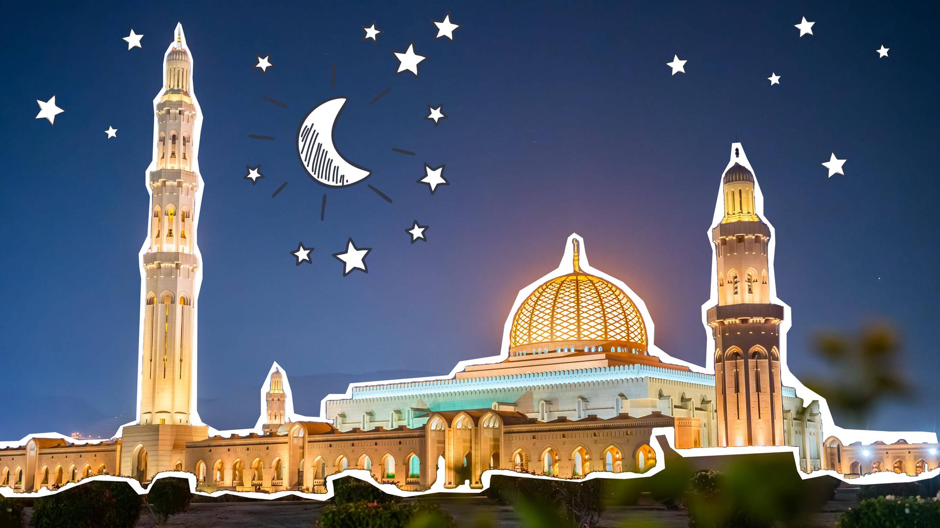 Über einer hell beleuchteten Moschee leuchten weiße Sterne im Nachthimmel.