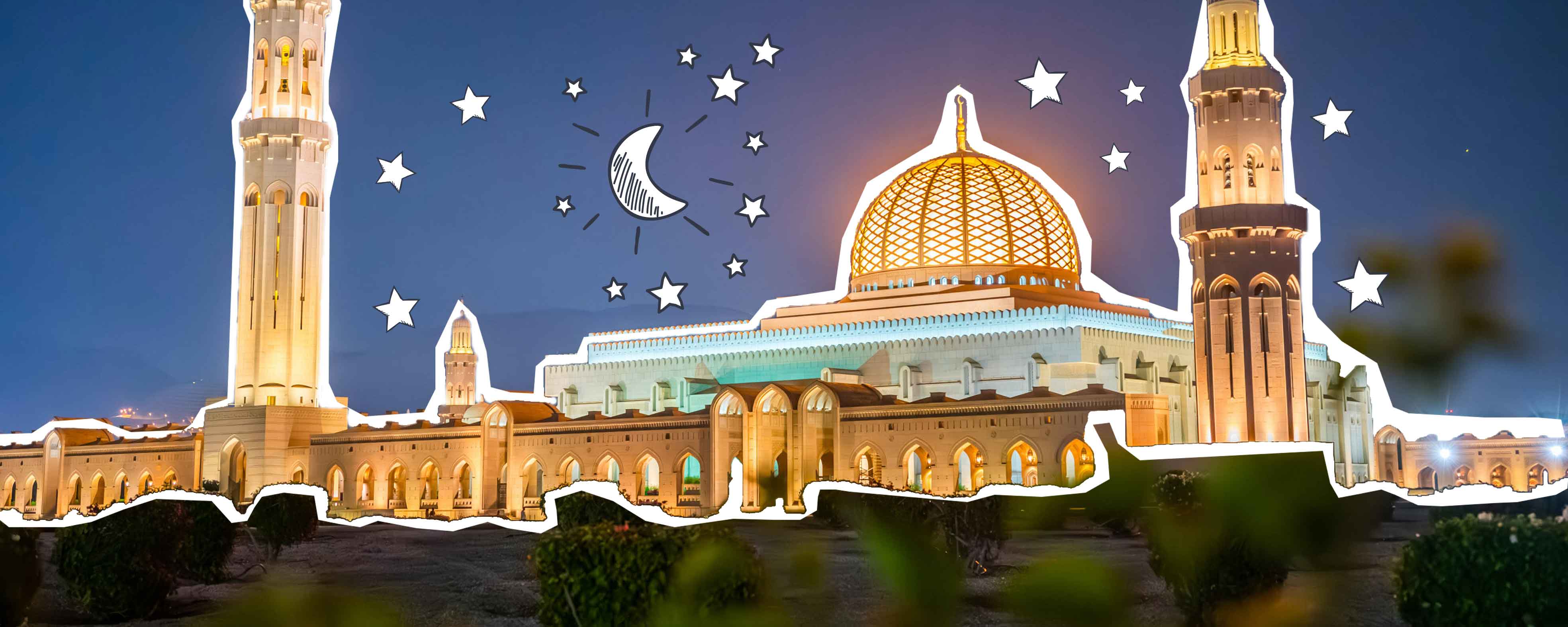 Über einer hell beleuchteten Moschee leuchten weiße Sterne im Nachthimmel.