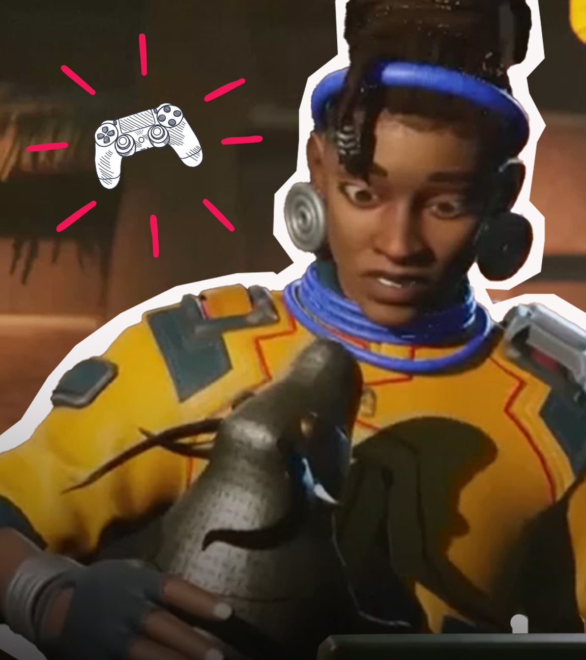 Avatar aus Videospiel hält Raublunst in der Hand, daneben grafische Konsole mit Strahlen