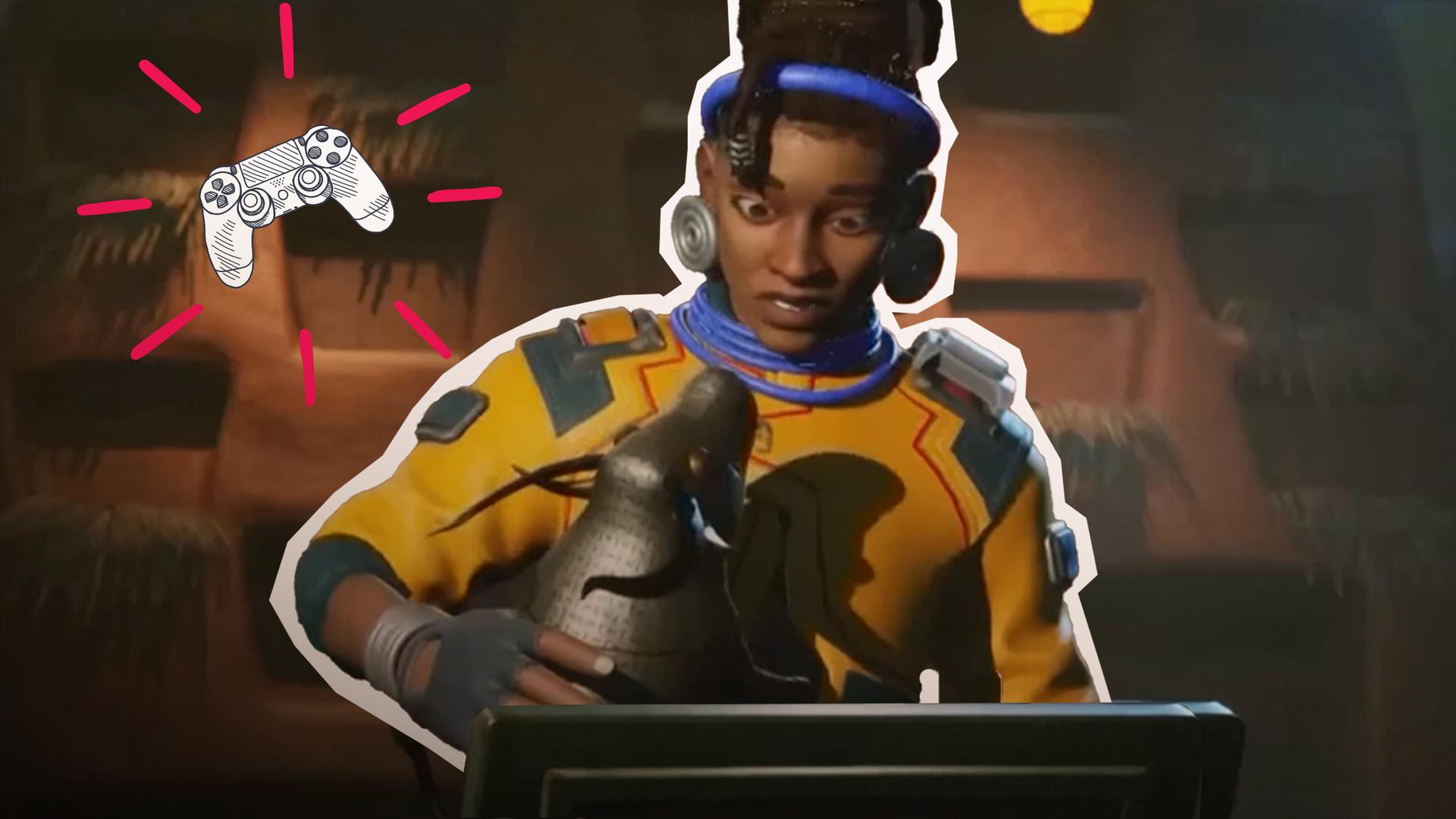 Avatar aus Videospiel hält Raublunst in der Hand, daneben grafische Konsole mit Strahlen