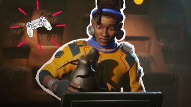 Avatar aus Videospiel hält Raublunst in der Hand, daneben grafische Konsole mit Strahlen