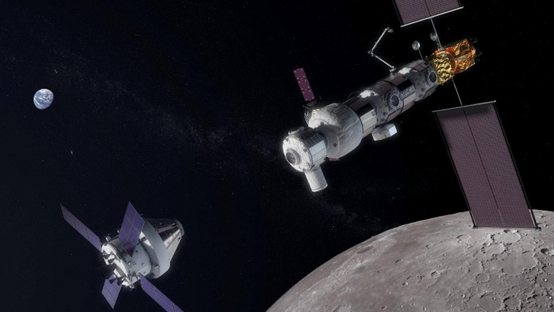 Das Lunar Orbital Platform-Gateway: Ein Orion-Raumschiff mit einem europäischen Versorgungsmodul nähert sich von links der Raumstation.
