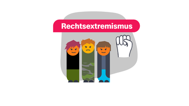 Grafik: Drei Menschen, daneben eine Faust, darüber steht "Rechtsextremismus"