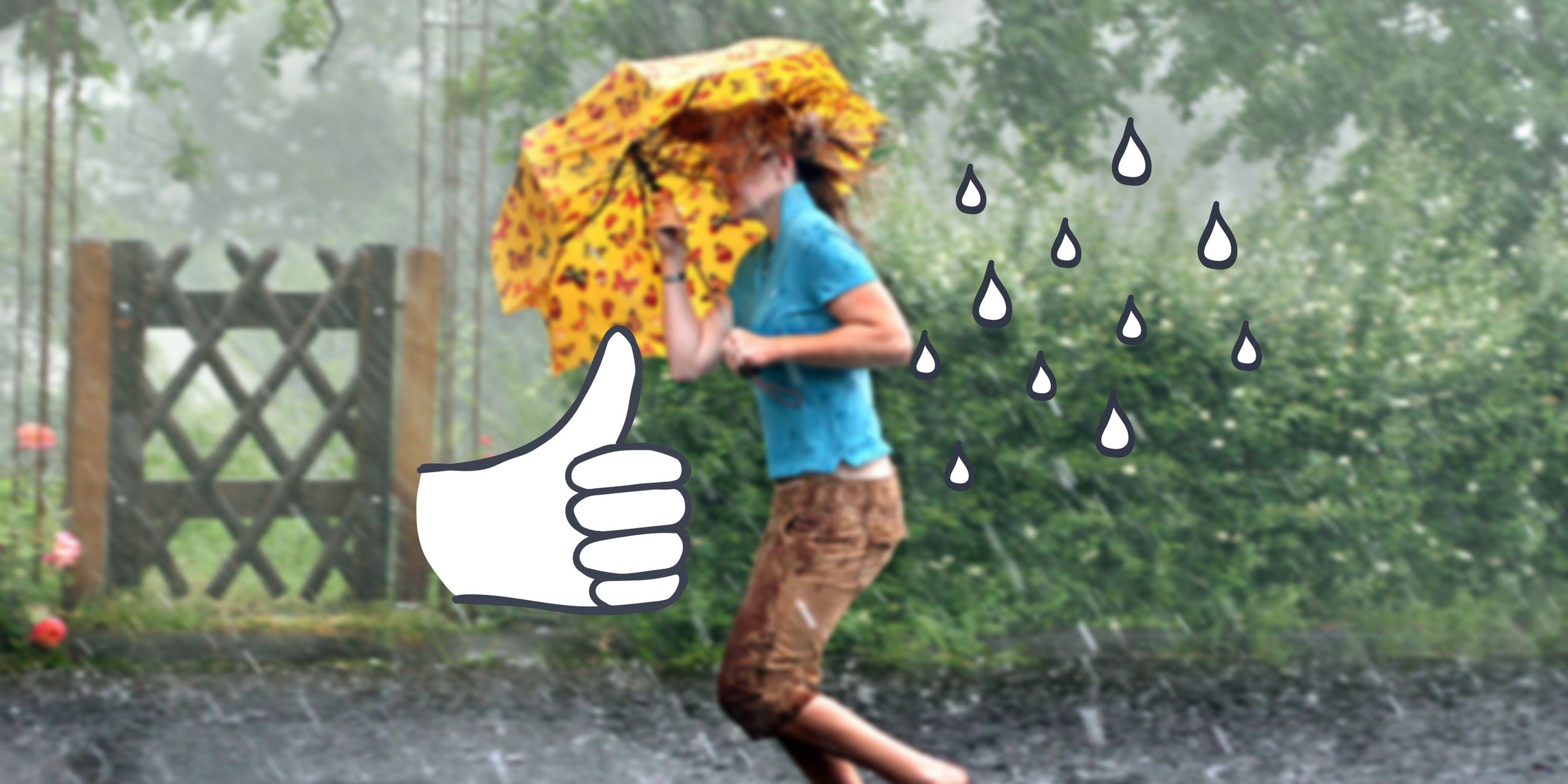 Mädchen barfuß im Regen mit Regenschirm 