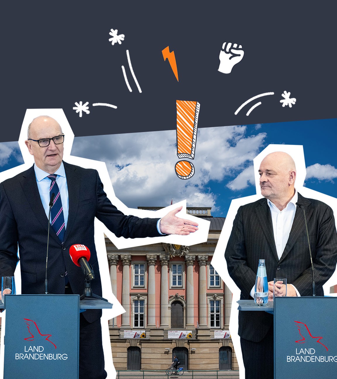 Ministerpräsident Dietmar Woidke von der SPD und Finanzminister Robert Crumbach, parteilos (voher BSW und SPD) stellen sich den Fragen der Reporterinnen und Reporter.