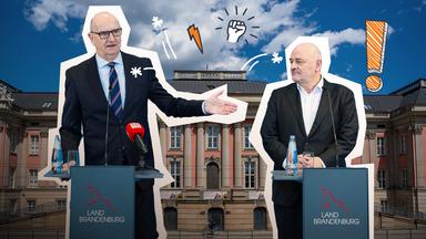 Ministerpräsident Dietmar Woidke von der SPD und Finanzminister Robert Crumbach, parteilos (voher BSW und SPD) stellen sich den Fragen der Reporterinnen und Reporter.
