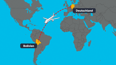 Auf einer Weltkarte sieht man ein Flugzeug, das von Deutschland nach Bolivien fliegt auf einer rot gestrichelten Linie
