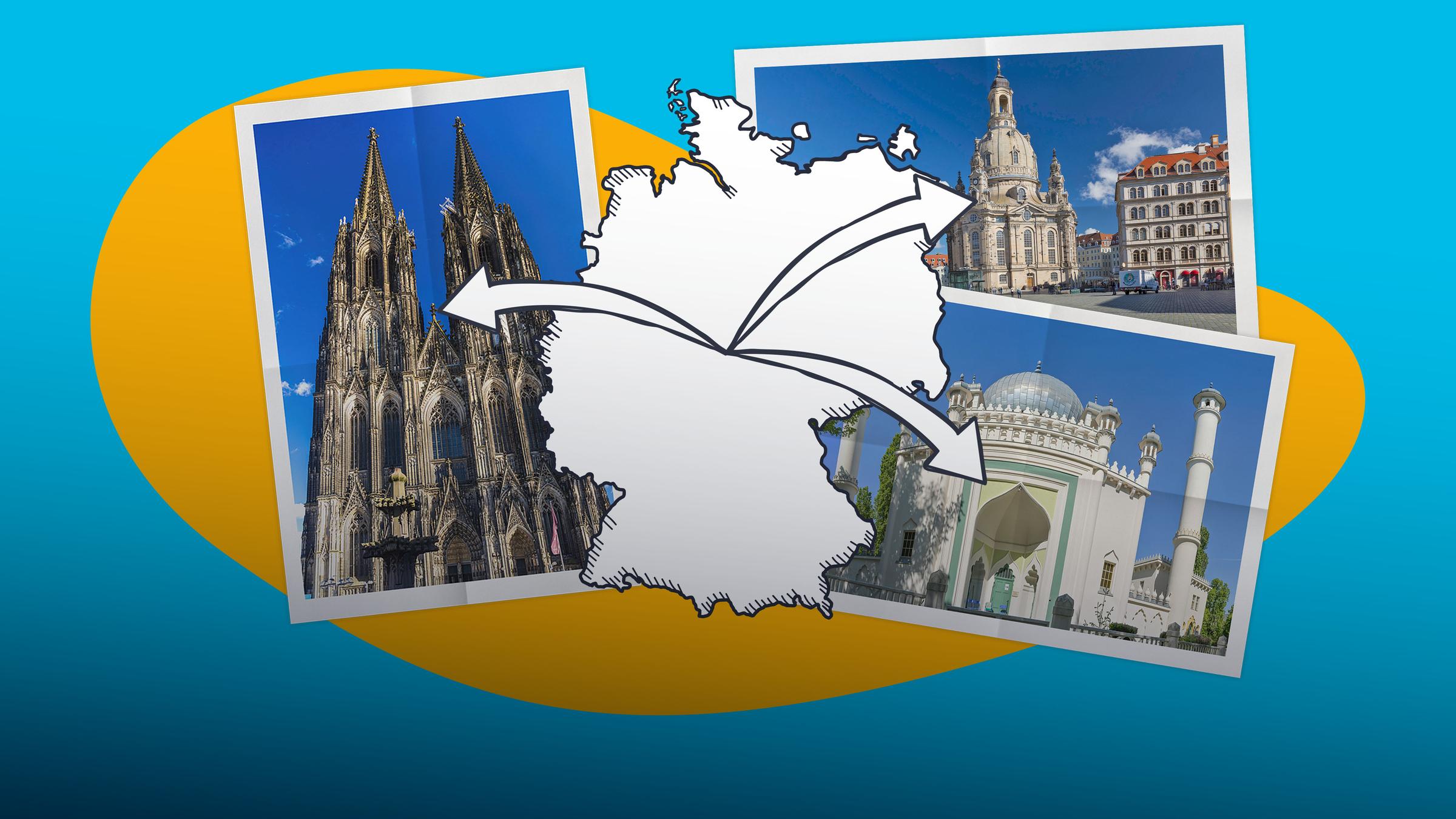 Grafik: Foto katholische Kirche + foto evangelische Kirche + Moschee, dazwischen Deutschlandflagge mit Pfeilen, die auf Kirchen zeigen