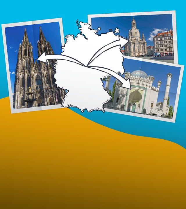 Grafik: Foto katholische Kirche + foto evangelische Kirche + Moschee, dazwischen Deutschlandflagge mit Pfeilen, die auf Kirchen zeigen