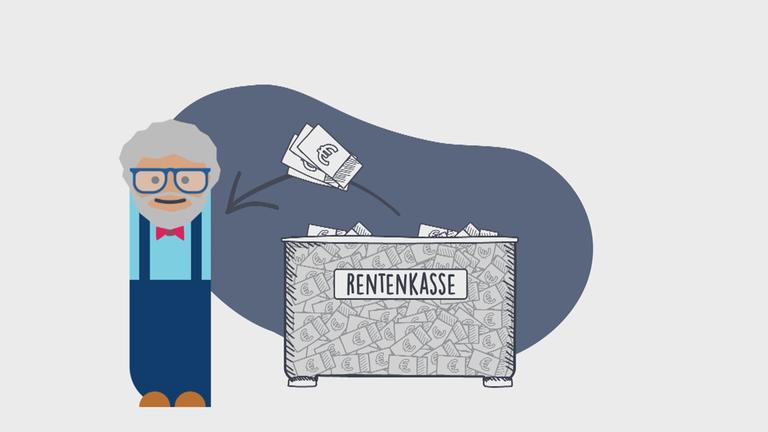 Ein älterer Herr neben einem Möbel mit der Aufschrift "Rentenkasse".