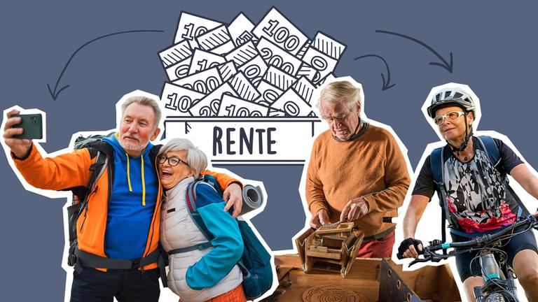 Vier aktive Rentner, Geldtopf mit Pfeilen