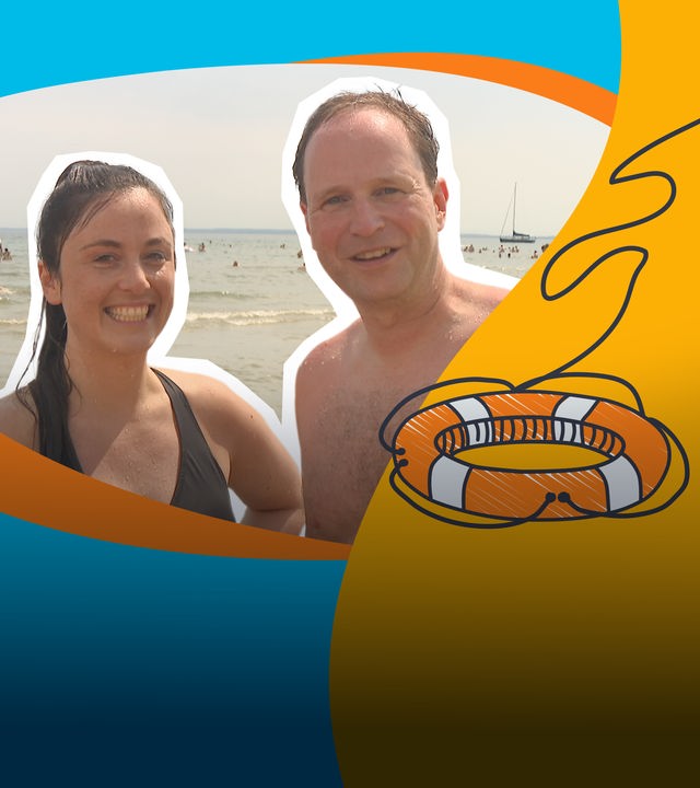 Collage: Teresa steht neben einem Rettungsschwimmer, daneben ein gezeichneter Rettungsring auf blau, gelbem Hintergrund.