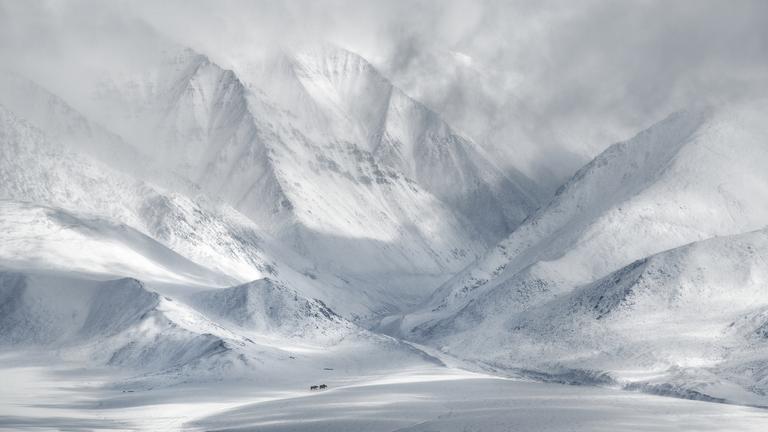 Mit Schnee bedeckte Sanddünen in der Mongolei