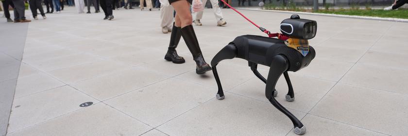 Frau geht mit Roboterhund in Pekng spazieren