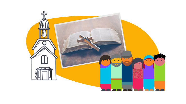 Ein großer gelber Fleck ist zu sehen, auf dem eine Zeichnung einer kleinen Kirche, ein Foto einer aufgeschlagenen Bibel mit einem Kreuz darauf und eine Gruppe Grafikmännchen zu sehen ist. 