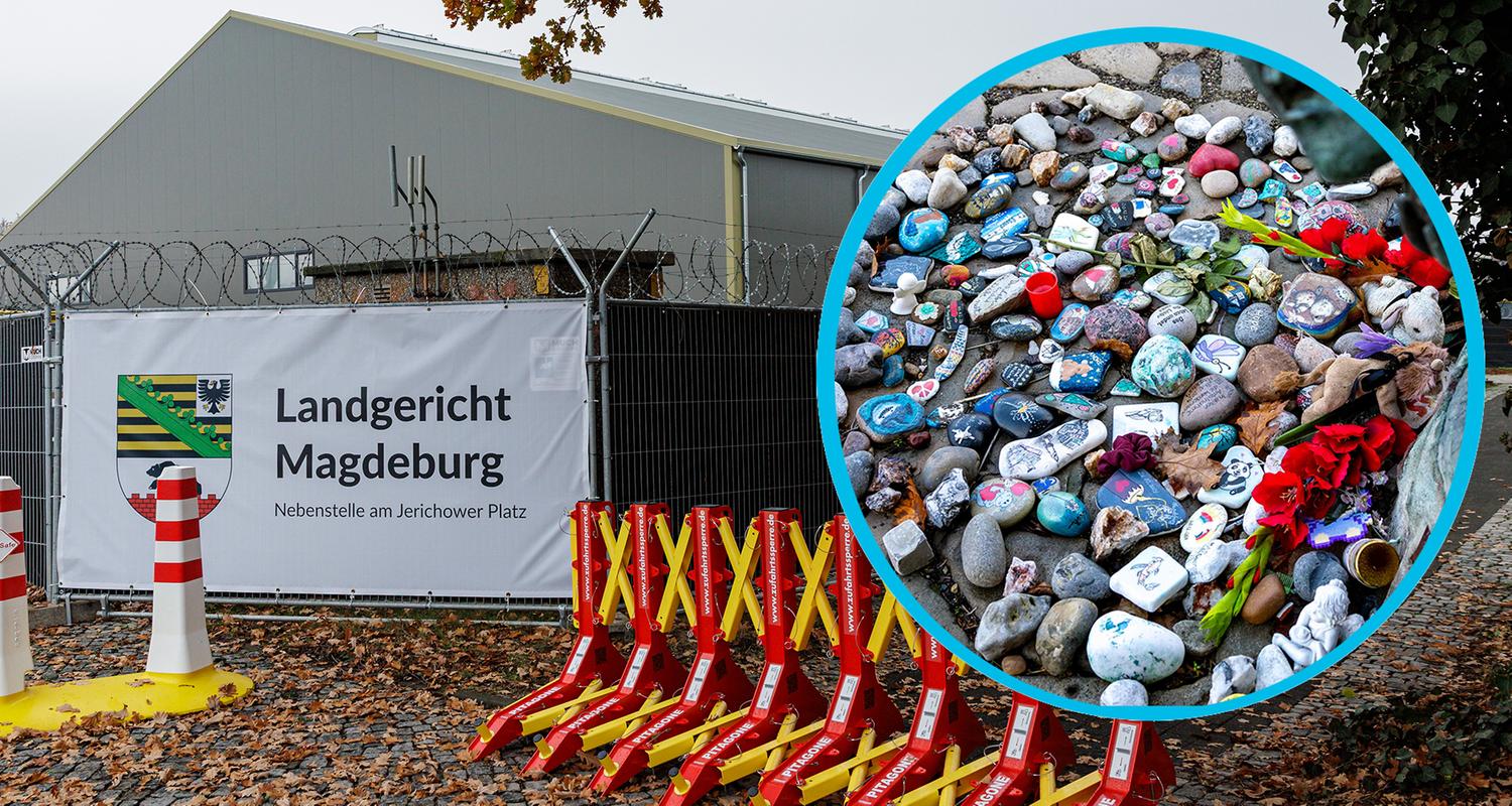 Gerichtshalle und Gedenksteine