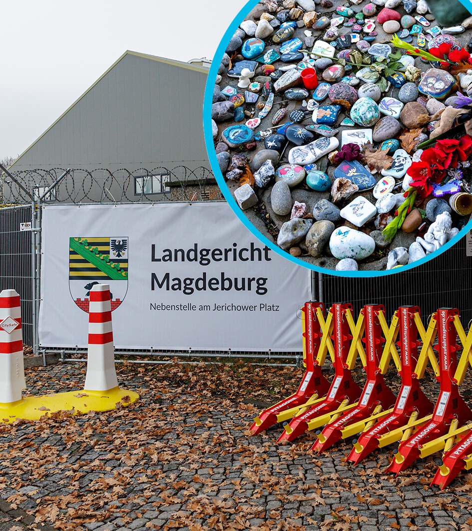 Gerichtshalle und Gedenksteine