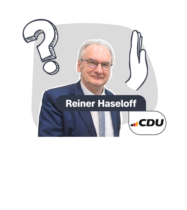 Grafik: Portrait Reiner Haseloff mit Insert, daneben eine ablehnende Hand und Fragezeichen