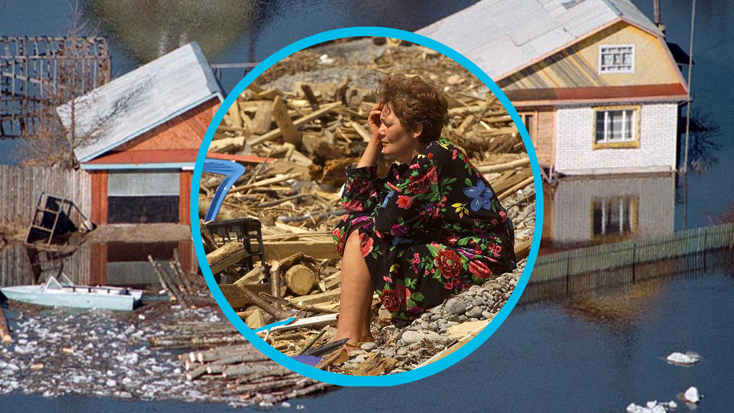 Verzweifelte Frau vor Trümmern (Cut-Out) im Hintergrund überschwemmte Häuser