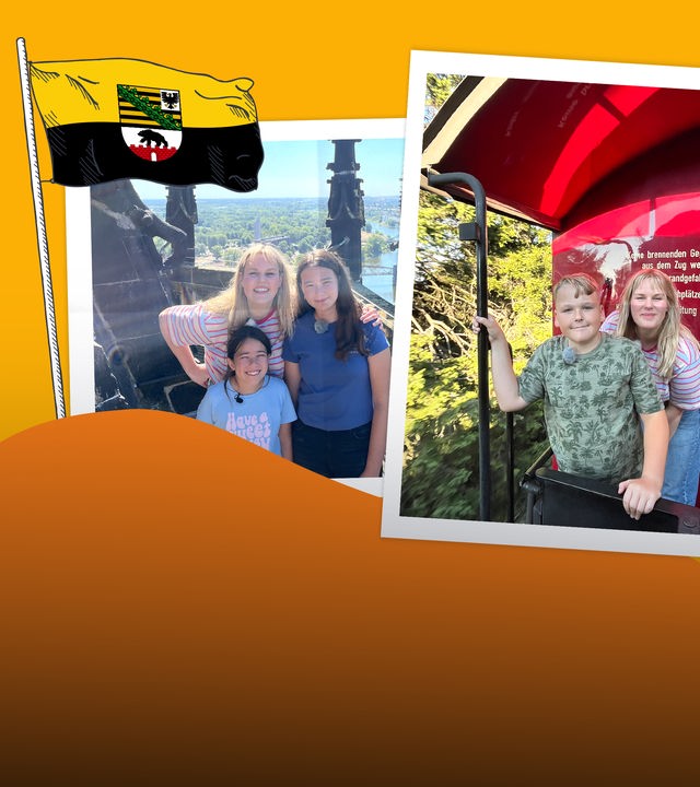 Fotos von Isabelle mit Kindern, dazu die Flagge von Sachsen-Anhalt