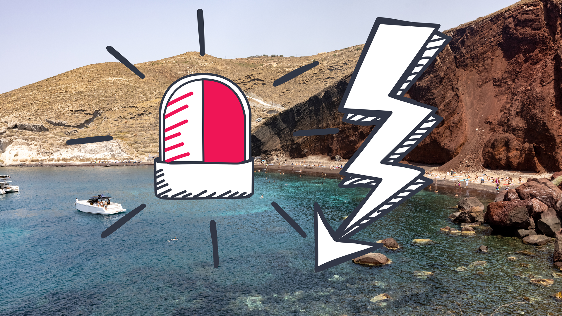 Strand von Santorini, darauf Alarm und Warnblitz - schwere Erdbeben