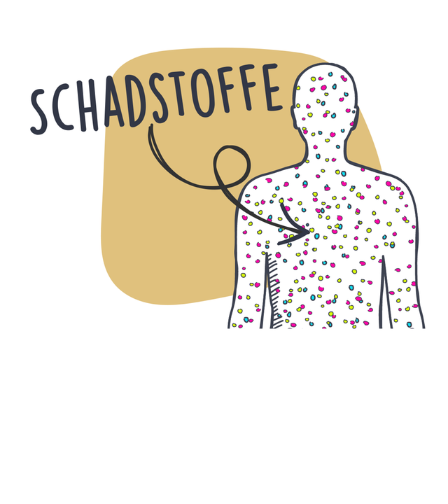 Die Grafik zeigt, wie sich Schadstoffe im menschlichen Körper verbreiten können. Viele bunte Punkte symbolisieren die Belastung durch Schadstoffe, die über Umwelt oder Produkte aufgenommen werden.